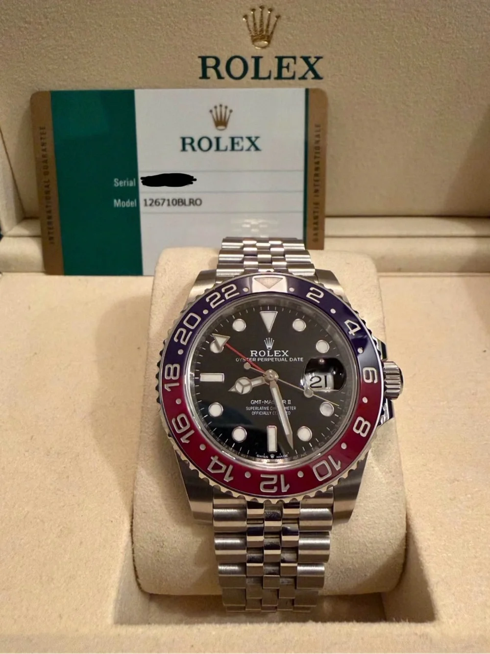 Rolex GMT-Master II Stainless Steel Watch with Black Dial and Blue-Red Bezel